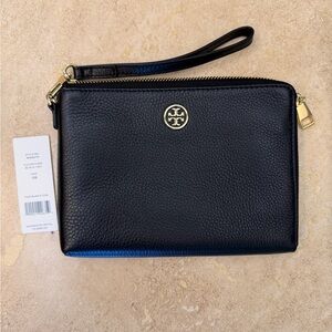 Tory Burch Black Pebbled Leather Wristlet with Gold Logo